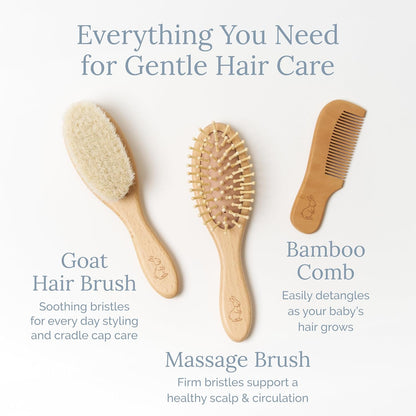 Wooden Baby Hair Brush & Comb Set - Natural Goat Hair Bristles & Soft Bristle Brush - Gentle Scalp Massage & Cradle Cap Comb - for Newborns & Toddlers, Baby Grooming Kit