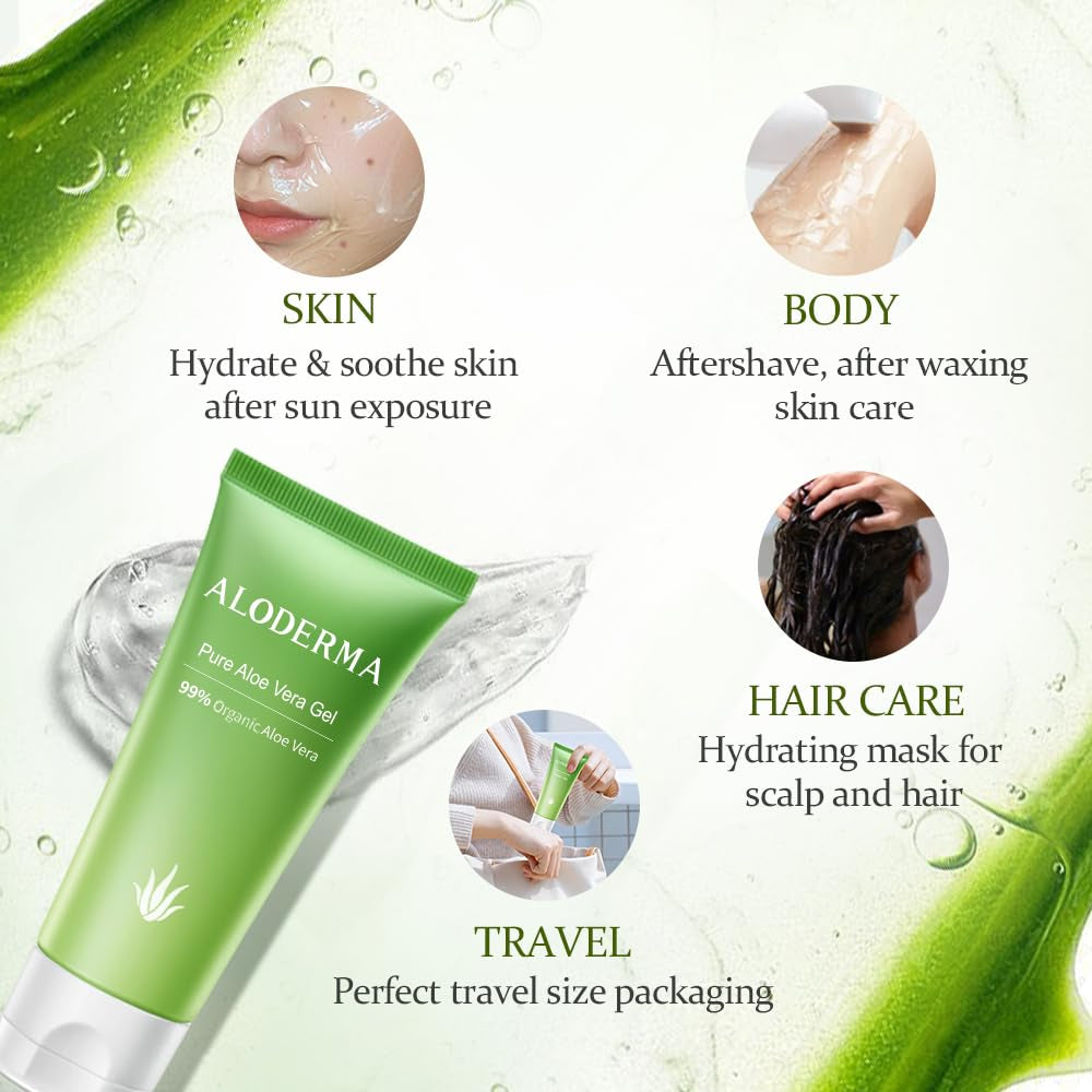 Travel Size Aloe Vera Gel Made within 12 Hours of Harvest with 99% Pure Organic Aloe Vera for Body, Face, & Scalp - Hydrating & Soothing Gel for after Sun Care - 1.5Oz Squeeze Tube