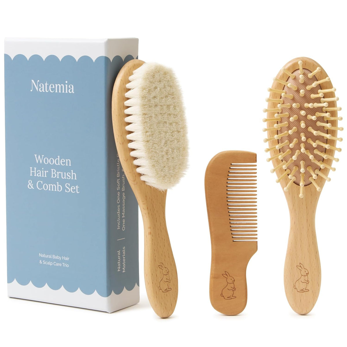 Wooden Baby Hair Brush & Comb Set - Natural Goat Hair Bristles & Soft Bristle Brush - Gentle Scalp Massage & Cradle Cap Comb - for Newborns & Toddlers, Baby Grooming Kit
