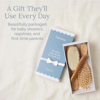 Wooden Baby Hair Brush & Comb Set - Natural Goat Hair Bristles & Soft Bristle Brush - Gentle Scalp Massage & Cradle Cap Comb - for Newborns & Toddlers, Baby Grooming Kit